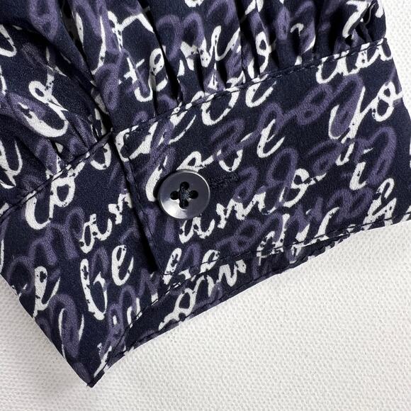CAbi Te Amo Navy Blue Love Letter Languages Script Balloon Sleeve Blouse Size S - Picture 8 of 14